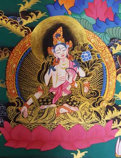 Buddhist Hand Painted Thangka Of Vajrasattva With Consort, [shakti], With Shakyamuni Buddha, White Tara And Namgyalma, Yab-yum Thangka [tibetan Style], [painting]