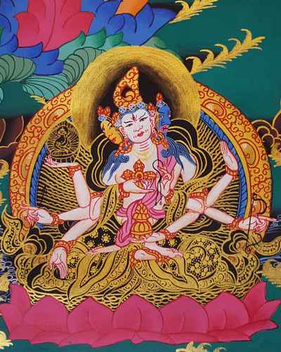 Buddhist Hand Painted Thangka Of Vajrasattva With Consort, [shakti], With Shakyamuni Buddha, White Tara And Namgyalma, Yab-yum Thangka [tibetan Style], [painting]