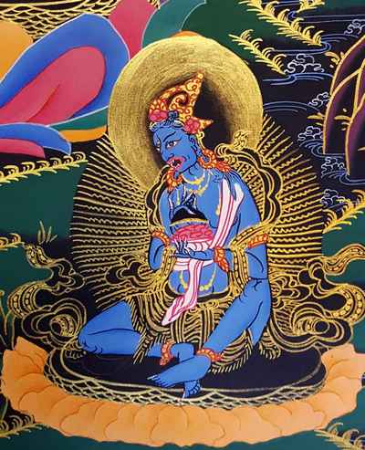 Buddhist Hand Painted Thangka Of Green Tara With Aparimita, Amitabha Buddha And Namgyalma, [tibetan Style], [painting]