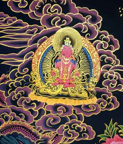 Buddhist Hand Painted Thangka Of Green Tara With Aparimita, Amitabha Buddha And Namgyalma, [tibetan Style], [painting]