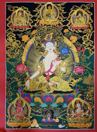 Buddhist Hand Painted Thangka Of White Tara [tibetan Style], [painting]