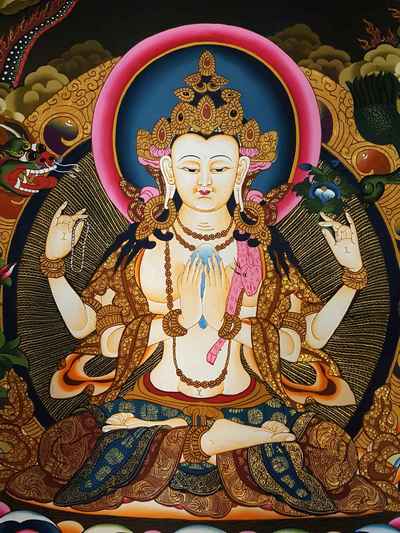 Avalokiteshvara, Chenrezig Thangka [tibetan Style], [painting], [real Gold]