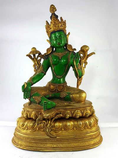 Green Tara Partly Gold Plated Handmade Statue [traditional Color Finishing]