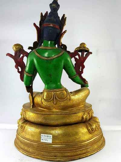 Green Tara Partly Gold Plated Handmade Statue [traditional Color Finishing]