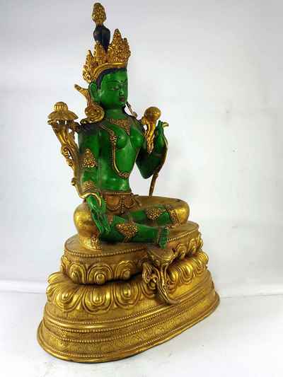 Green Tara Partly Gold Plated Handmade Statue [traditional Color Finishing]