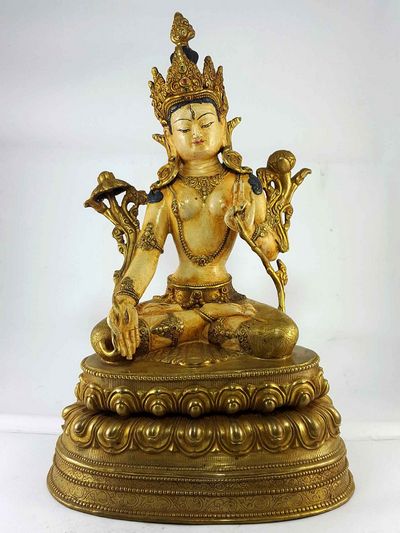 White Tara Partly Gold Plated Handmade Statue [traditional Color Finishing]