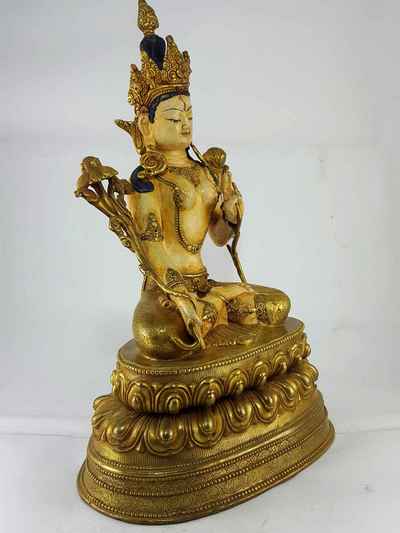 White Tara Partly Gold Plated Handmade Statue [traditional Color Finishing]