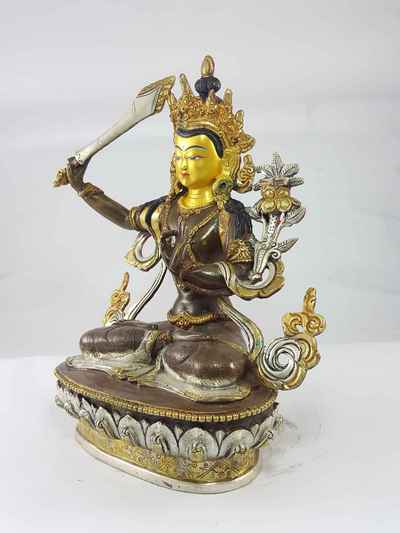 Manjushri Statue [gold And Silver Plated], [oxidized] And [painted Face]