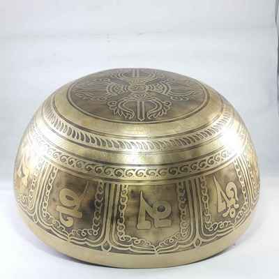 Bronze Hand Beaten Etched And Carved Bowls With Om Mandala At The Centre