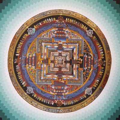 Aqua Color Kalachakra Mandala Thangka With Shading [hand Painted], [real Gold]