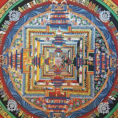 Red Kalachakra Mandala [real Gold], [wooden Canvas Stretcher], [old Post], [remakable]