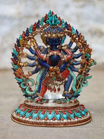 master Quality, Statue Of Chakrasamvara - Heruka Sterling Silver real Amber, real Lapis Lazuli, real Coral, real Turquoise, gold Plated Over Silver