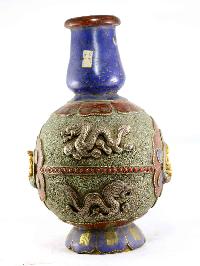 Tibetan Flower Vase :vase With [stone Setting], [buddha Dragon], [tourquise Coral And Lapis]