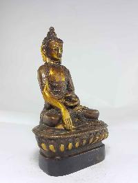 Copper Shakyamuni Buddha With Wooden Base And Antique Finishing
