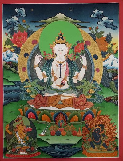 Avalokiteshvara, Chenrezig Tibetan Hand Painted Thangka [real Gold]