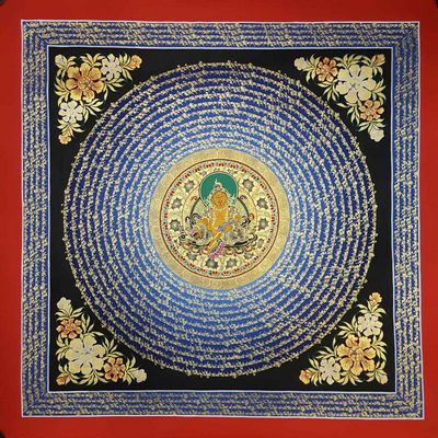 Hand Painted Tibetan Thangka Om Mani Padme Hum Mantra Hand Painted Tibetan Thangka With Jambhala At Center