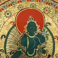 Om Mani Padme Hum Mantra Hand Painted Tibetan Thangka With Green Tara At Centre