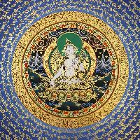 Om Mani Padme Hum Mantra Hand Painted Tibetan Thangka With White Tara At Centre