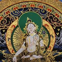 Om Mani Padme Hum Mantra Hand Painted Tibetan Thangka With White Tara At Centre