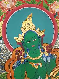 Green Tara Hand Made Tibetan Thangka [real Gold]