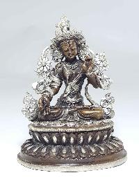 Statue Of Green Tara With Double Lotus Base [silver Plated], [chocolate Oxidized]