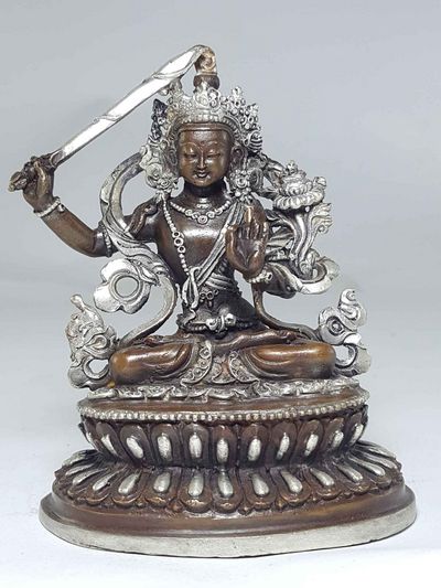 Statue Of Manjushri With Double Lotus Base [silver Plated], [chocolate Oxidized]