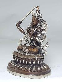 Statue Of Manjushri With Double Lotus Base [silver Plated], [chocolate Oxidized]