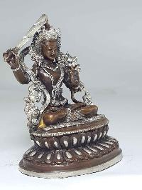 Statue Of Manjushri With Double Lotus Base [silver Plated], [chocolate Oxidized]