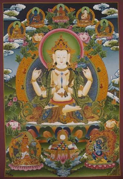 Avalokiteshvara, Chenrezig Tibetan Hand Painted Buddhist Thangka [real Gold], [traditional Color]