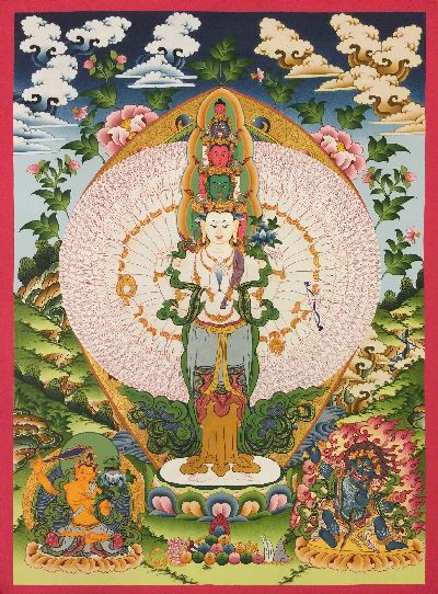 Sahasrabhuja Avalokitesvara Tibetan Hand Painted Buddhist Thangka [real Gold], [traditional Color], [bodhisattva Set]