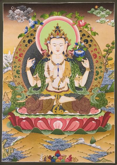 Avalokiteshvara, Chenrezig Tibetan Hand Painted Buddhist Thangka [real Gold], [traditional Color]