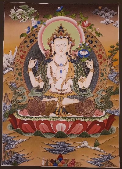 Avalokiteshvara, Chenrezig Tibetan Hand Painted Buddhist Thangka [real Gold], [traditional Color]