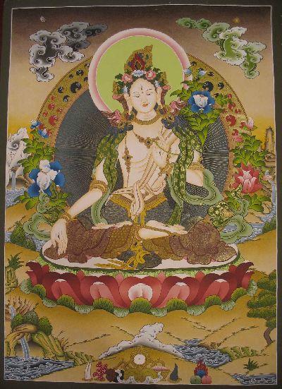 White Tara Tibetan Hand Painted Buddhist Thangka [real Gold], [traditional Color]