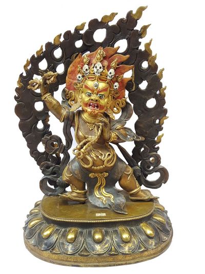 Vajrapani [chana Dorje] Statue [partly Gold Plated], [oxidized] With [painted Face], [big Statue]