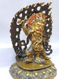 Vajrapani [chana Dorje] Statue [partly Gold Plated], [oxidized] With [painted Face], [big Statue]