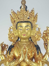 Statue Of Chenrezig [kharcheri], [avalokitesvara], [full Fire Gold Plated], [painted Face], [deep Hand Carving]