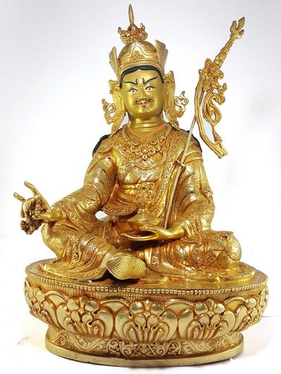 Statue Of Padmasambhava [full Fire Gold Plated], [painted Face], [deep Hand Carving]