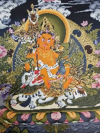 Tibetan Thangka Of Namtose Vaisravana Lion Jambhala, Dzambhala, High Quality Real Gold And Tibetan Colors