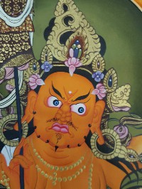 Tibetan Thangka Of Namtose Vaisravana Lion Jambhala, Dzambhala, High Quality Real Gold And Tibetan Colors