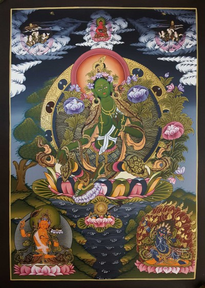 Tibetan Thangka Of Green Tara High Quality Real Gold And Tibetan Colors