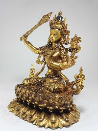 Manjushri Statue [full Gold Plated] With [antique Finishing] And Double Lotus Base, [remakable]