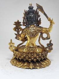 Manjushri Statue [full Gold Plated] With [antique Finishing] And Double Lotus Base, [remakable]