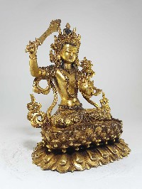 Manjushri Statue [full Gold Plated] With [antique Finishing] And Double Lotus Base, [remakable]