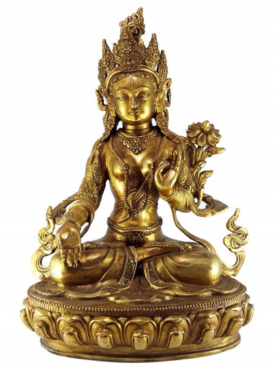 Statue Of White Tara Single Lotus [full Gold Plated], [antique Finishing]