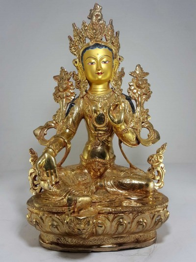 Statue Of Green Tara [full Fire Gold Plated] With [painted Face]