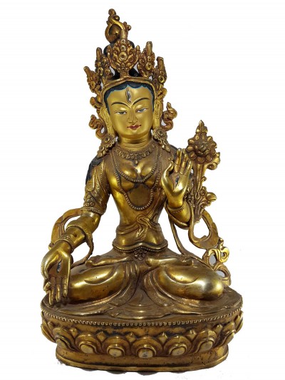 Old Statue Of White Tara [full Gold Plated] And [painted Face]