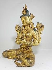 Statue Of Green Tara, Newari Style, [full Fire Gold Plated], [antique Finishing, 16th Century Patan Museum Copy