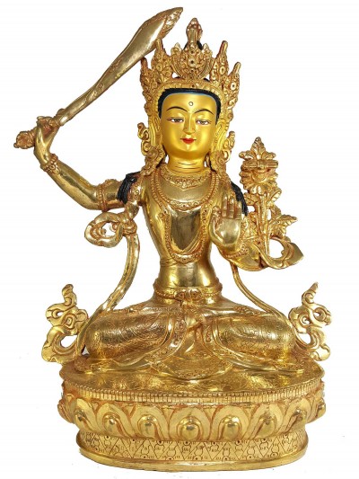 Statue Of Manjushri [full Fire Gold Plated] And [painted Face]