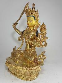 Statue Of Manjushri [full Fire Gold Plated] And [painted Face]