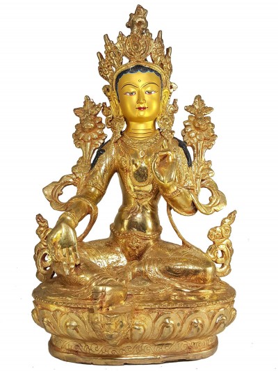 Statue Of Green Tara [full Fire Gold Plated] And [painted Face]